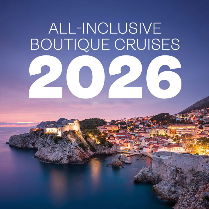 All-inclusive boutique cruises 2026 overlaid on a image of Lovrijenac, also known as Fort Lawrence and Bokar, in Dubrovnik, Croatia at sunset